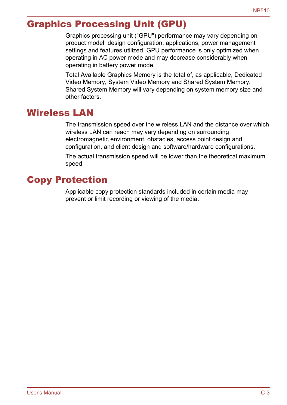 Graphics processing unit (gpu), Wireless lan, Copy protection | Toshiba NB510 User Manual | Page 109 / 127