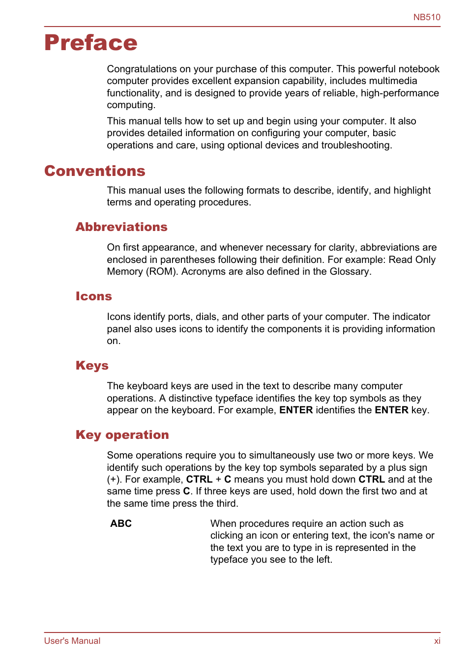 Preface, Conventions, Abbreviations | Icons, Keys, Key operation | Toshiba NB510 User Manual | Page 11 / 127