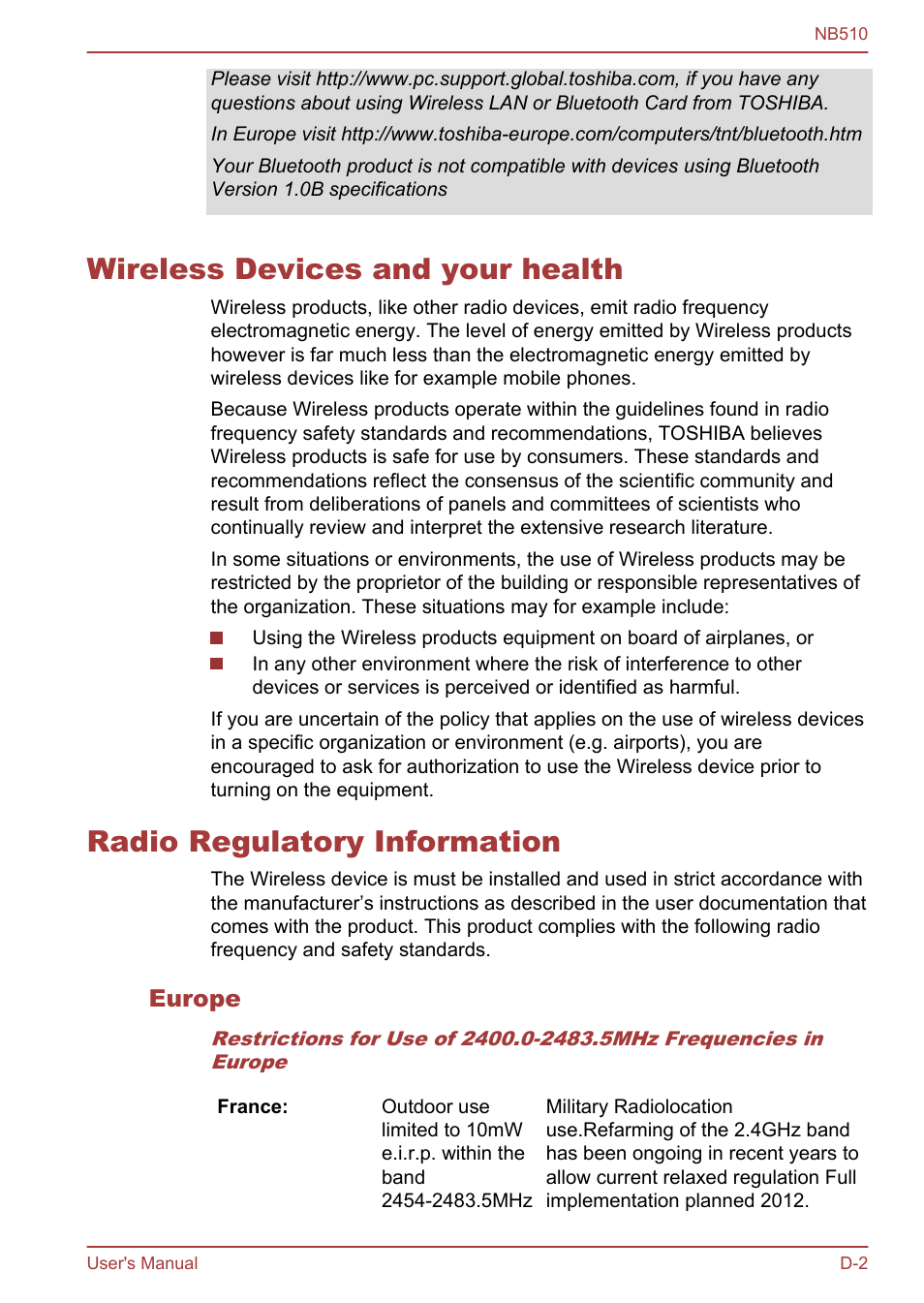 Wireless devices and your health, Radio regulatory information, Europe | Toshiba NB510 User Manual | Page 111 / 127