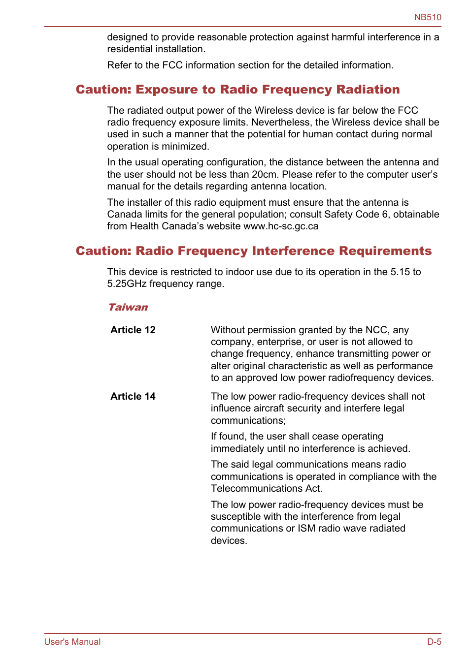 Caution: exposure to radio frequency radiation, Caution: radio frequency interference requirements | Toshiba NB510 User Manual | Page 114 / 127