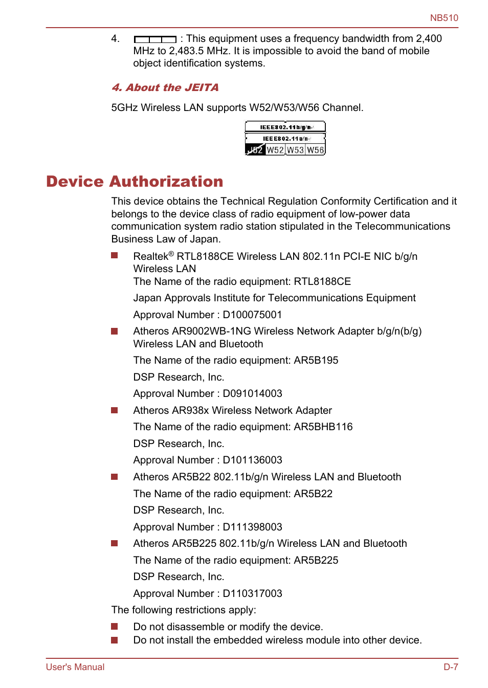Device authorization | Toshiba NB510 User Manual | Page 116 / 127