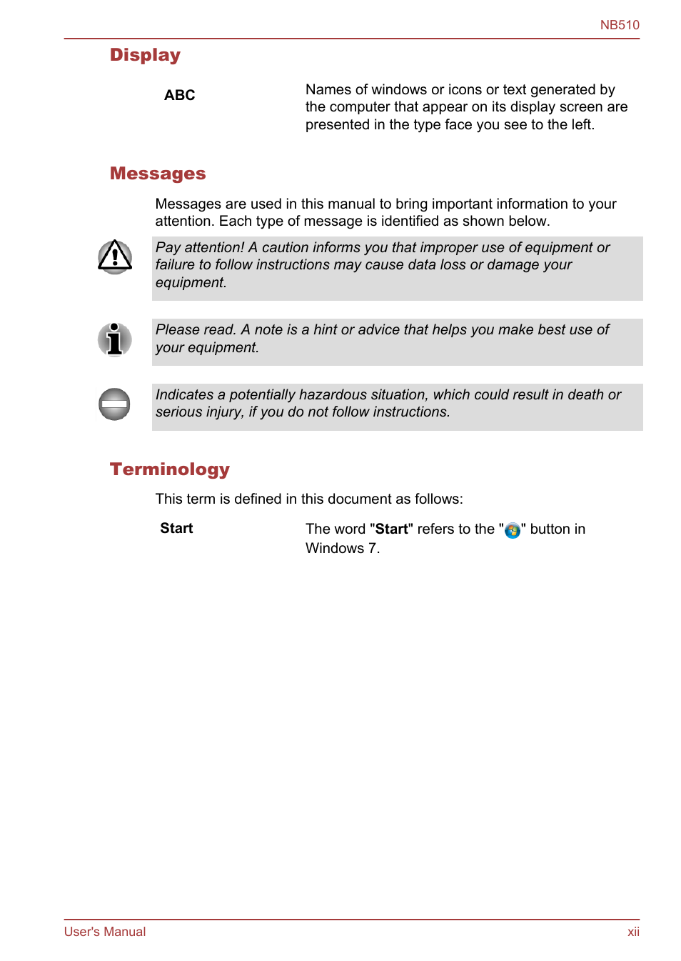 Display, Messages, Terminology | Toshiba NB510 User Manual | Page 12 / 127