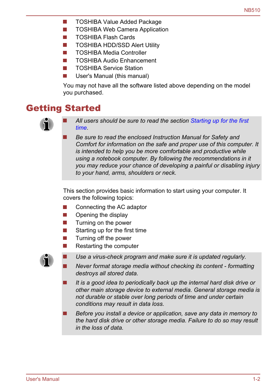 Getting started, Getting started -2 | Toshiba NB510 User Manual | Page 16 / 127