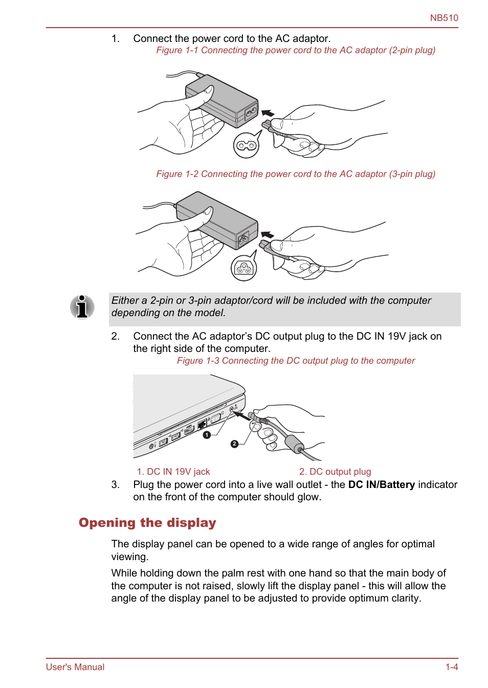 Opening the display | Toshiba NB510 User Manual | Page 18 / 127