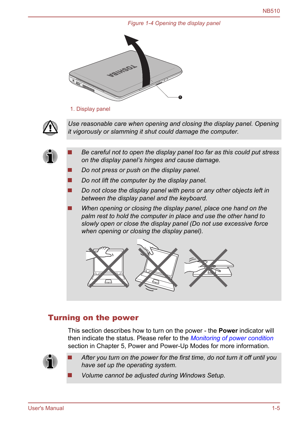 Turning on the power | Toshiba NB510 User Manual | Page 19 / 127