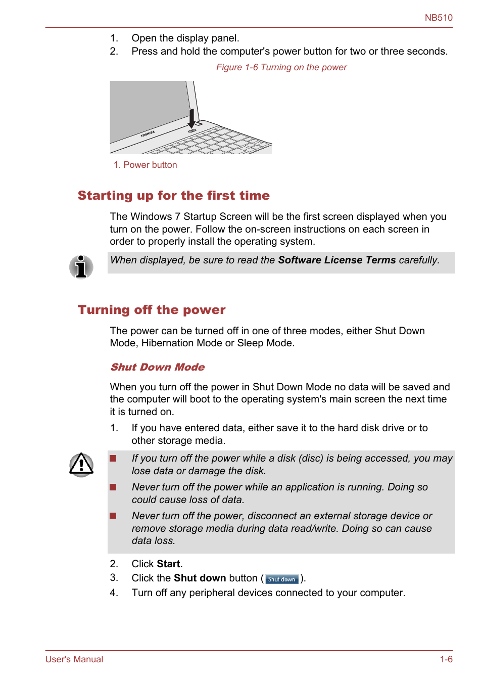 Starting up for the first time, Turning off the power | Toshiba NB510 User Manual | Page 20 / 127