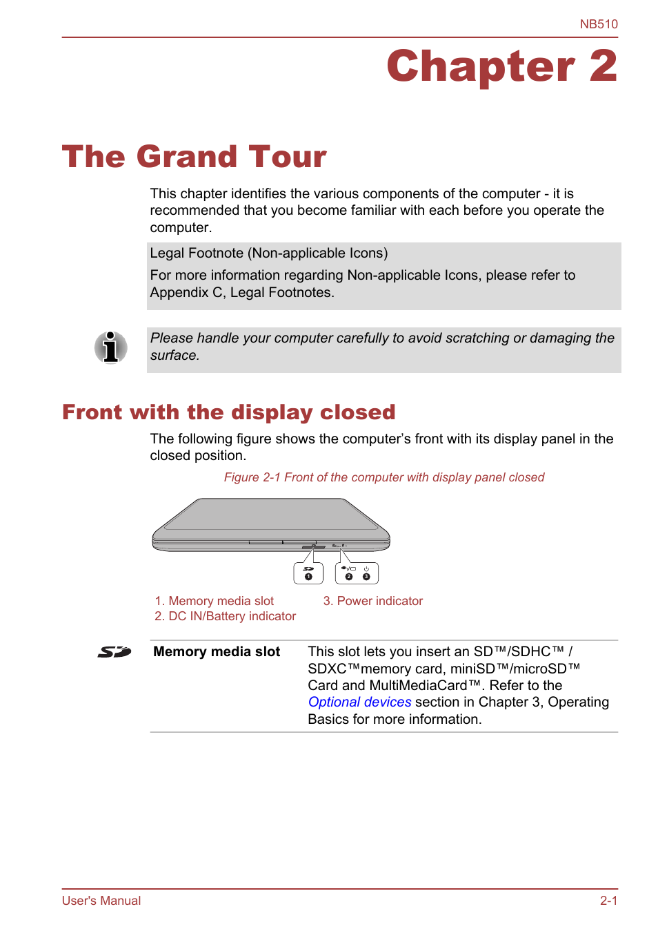 Chapter 2 the grand tour, Front with the display closed, Chapter 2 | The grand tour, Front with the display closed -1 | Toshiba NB510 User Manual | Page 25 / 127