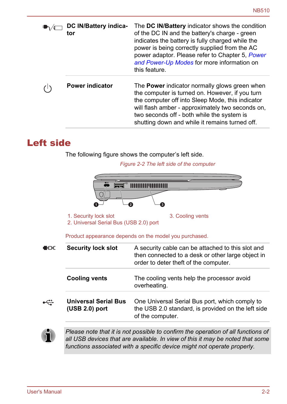 Left side, Left side -2 | Toshiba NB510 User Manual | Page 26 / 127