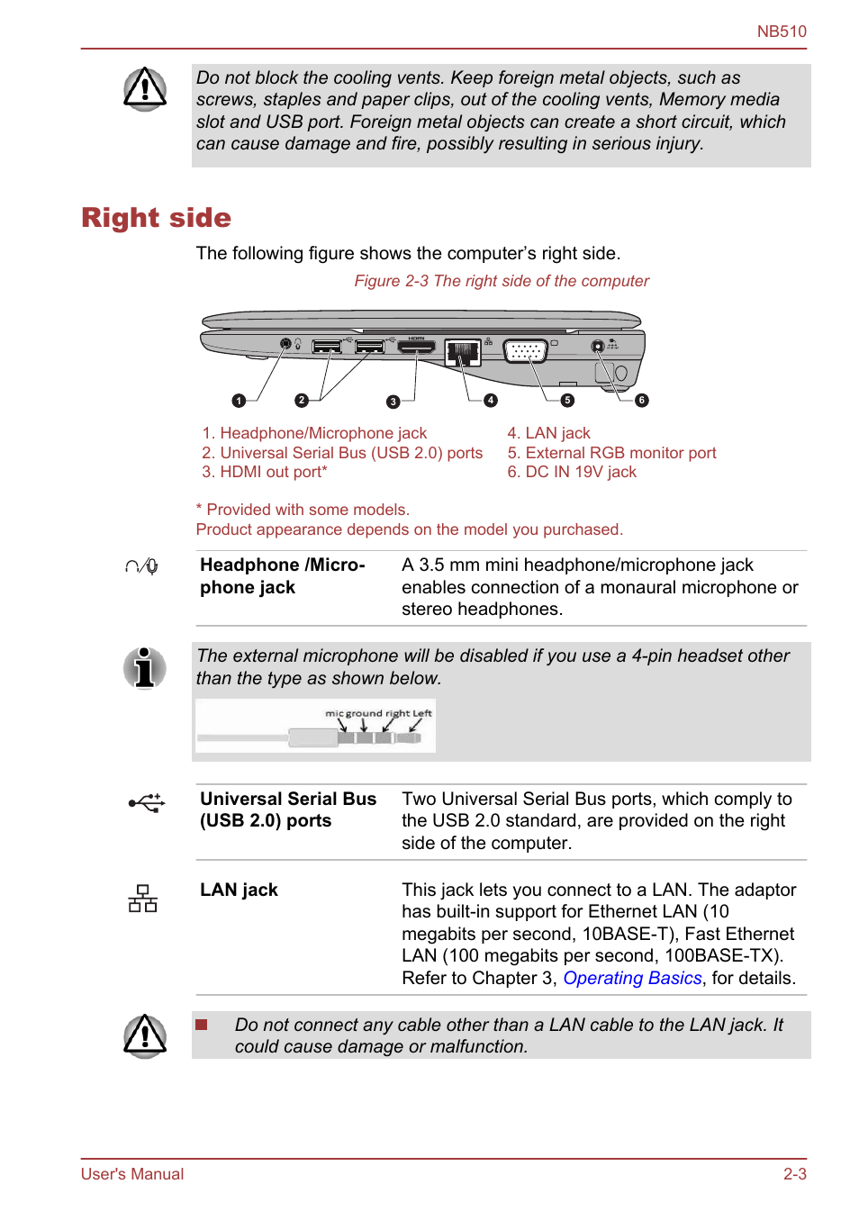 Right side, Right side -3 | Toshiba NB510 User Manual | Page 27 / 127