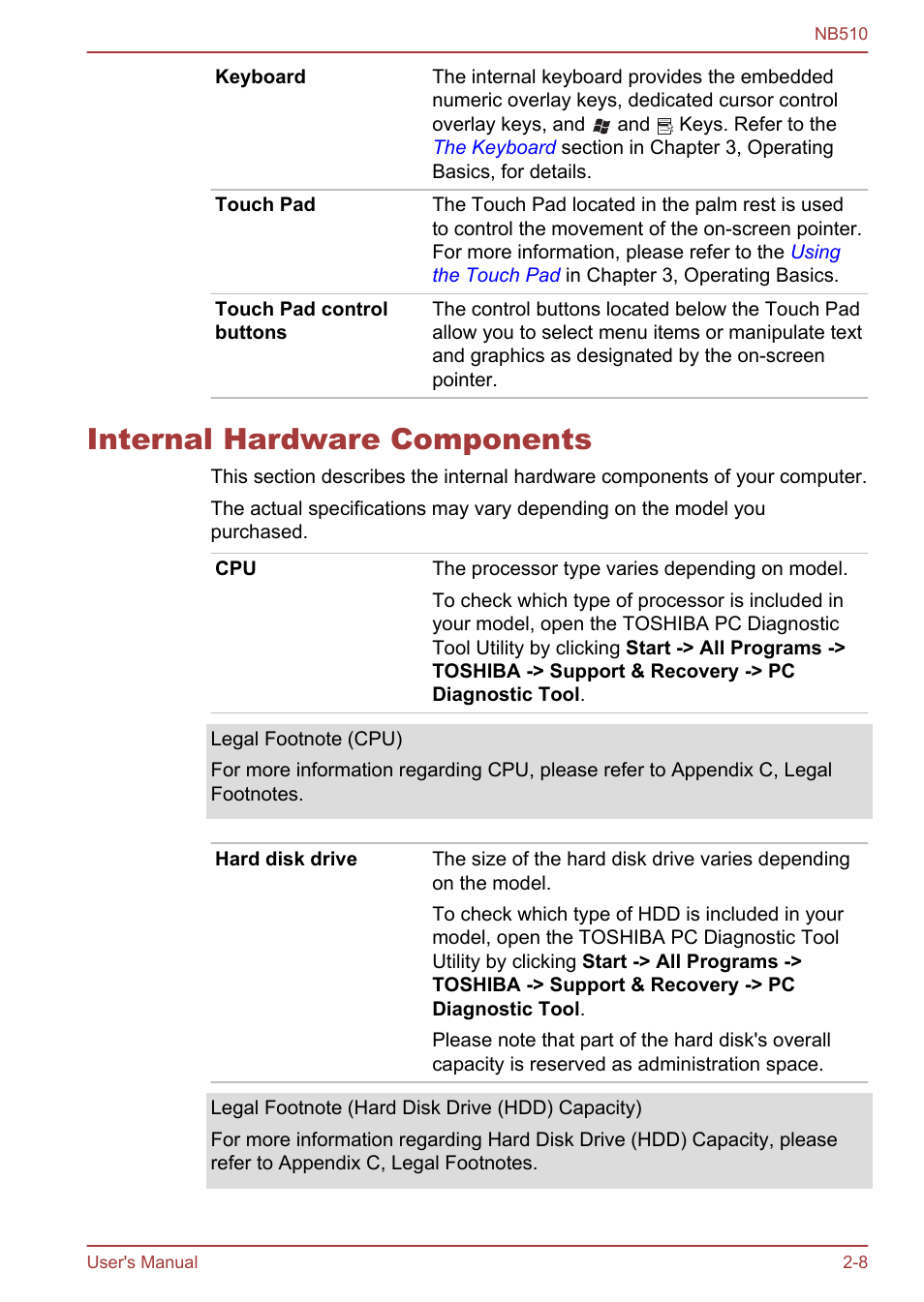 Internal hardware components, Internal hardware components -8 | Toshiba NB510 User Manual | Page 32 / 127