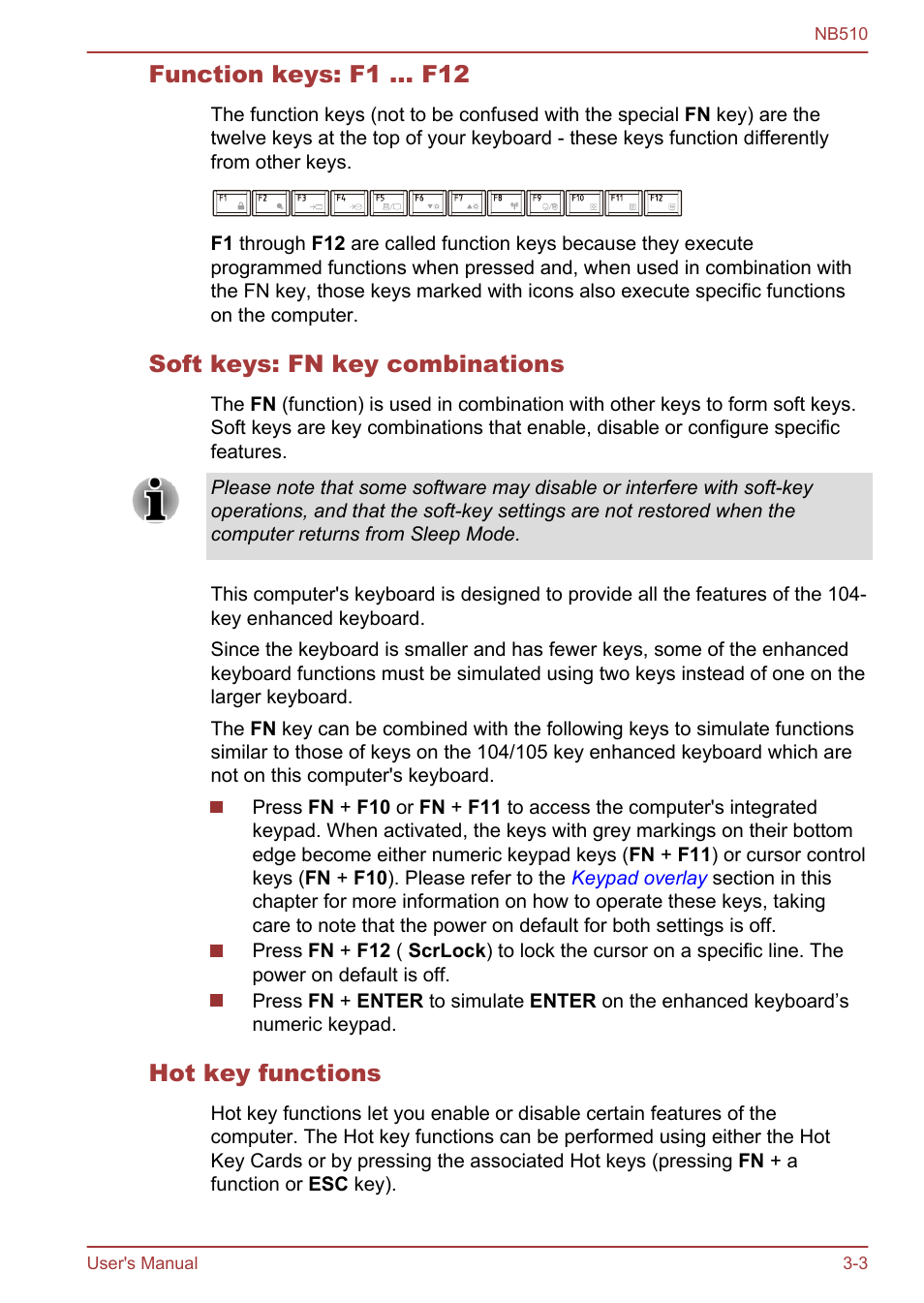 Function keys: f1 … f12, Soft keys: fn key combinations, Hot key functions | Toshiba NB510 User Manual | Page 36 / 127