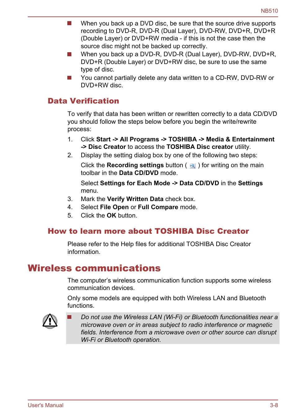 Data verification, How to learn more about toshiba disc creator, Wireless communications | Wireless communications -8 | Toshiba NB510 User Manual | Page 41 / 127