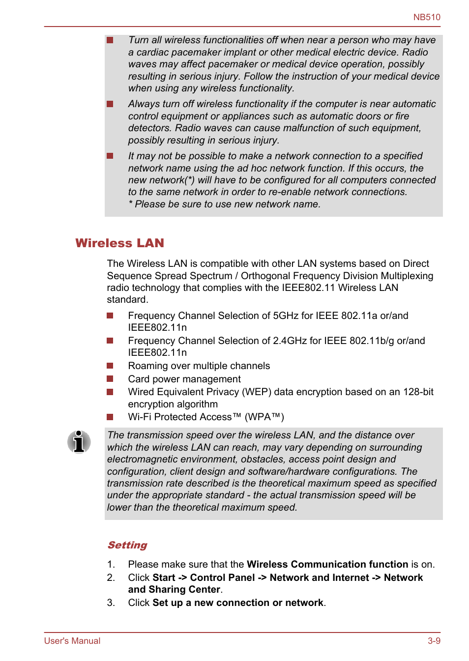 Wireless lan | Toshiba NB510 User Manual | Page 42 / 127
