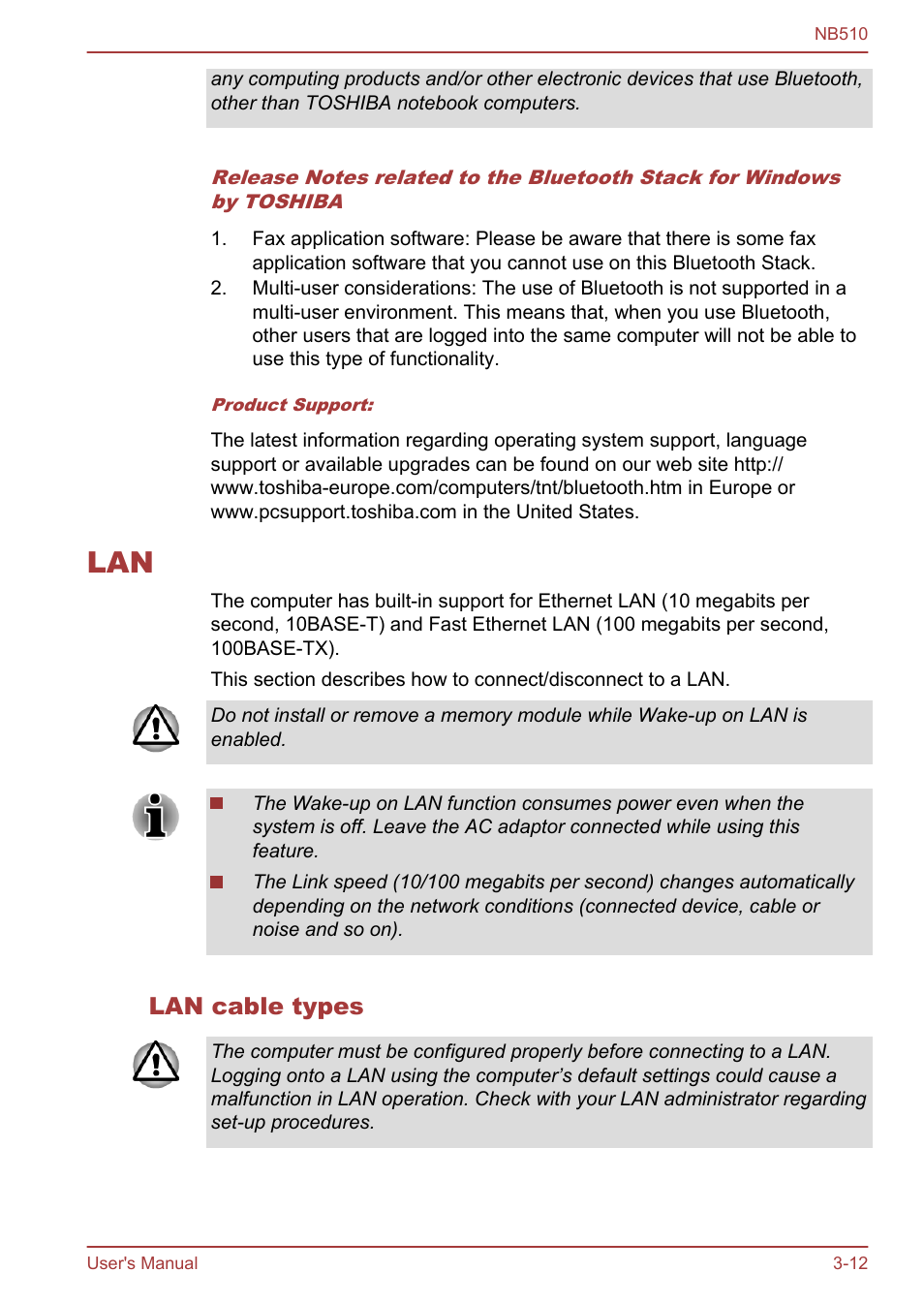 Lan cable types, Lan -12 | Toshiba NB510 User Manual | Page 45 / 127