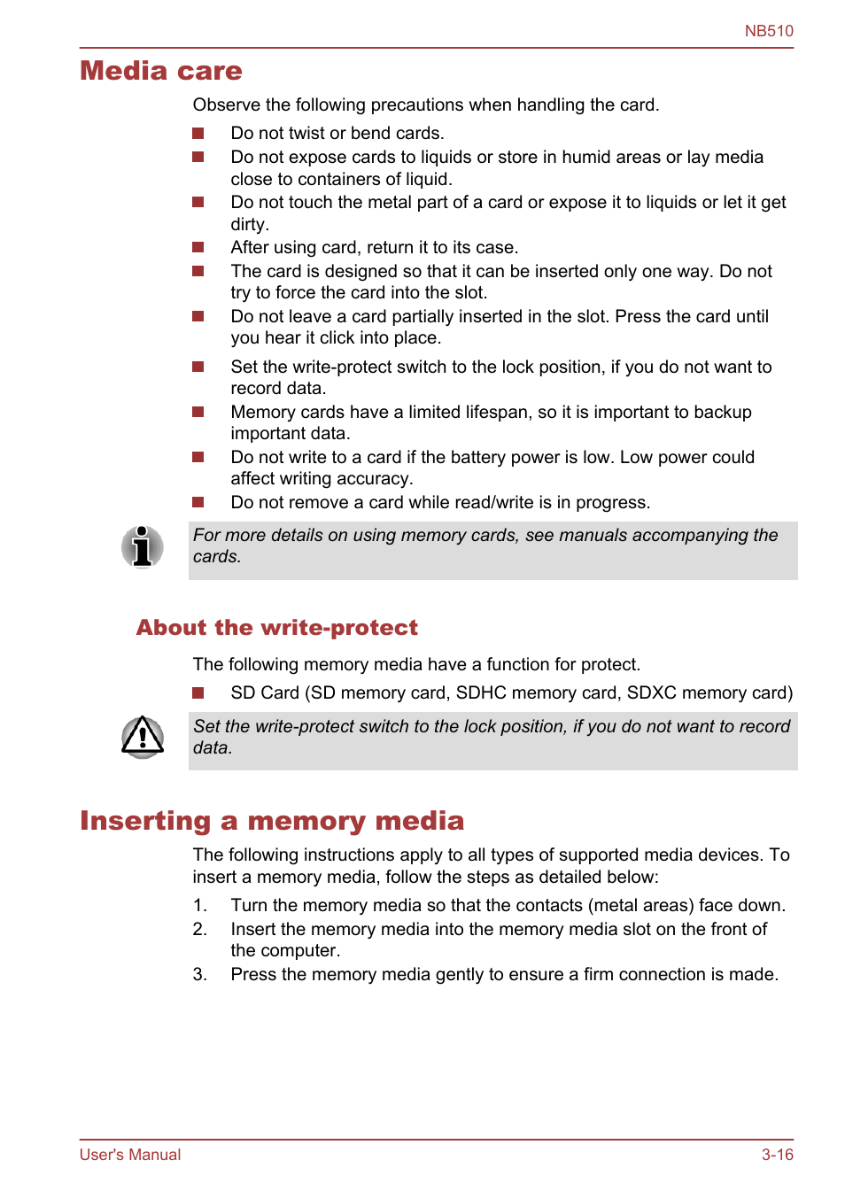 Media care, About the write-protect, Inserting a memory media | Media care -16 inserting a memory media -16 | Toshiba NB510 User Manual | Page 49 / 127