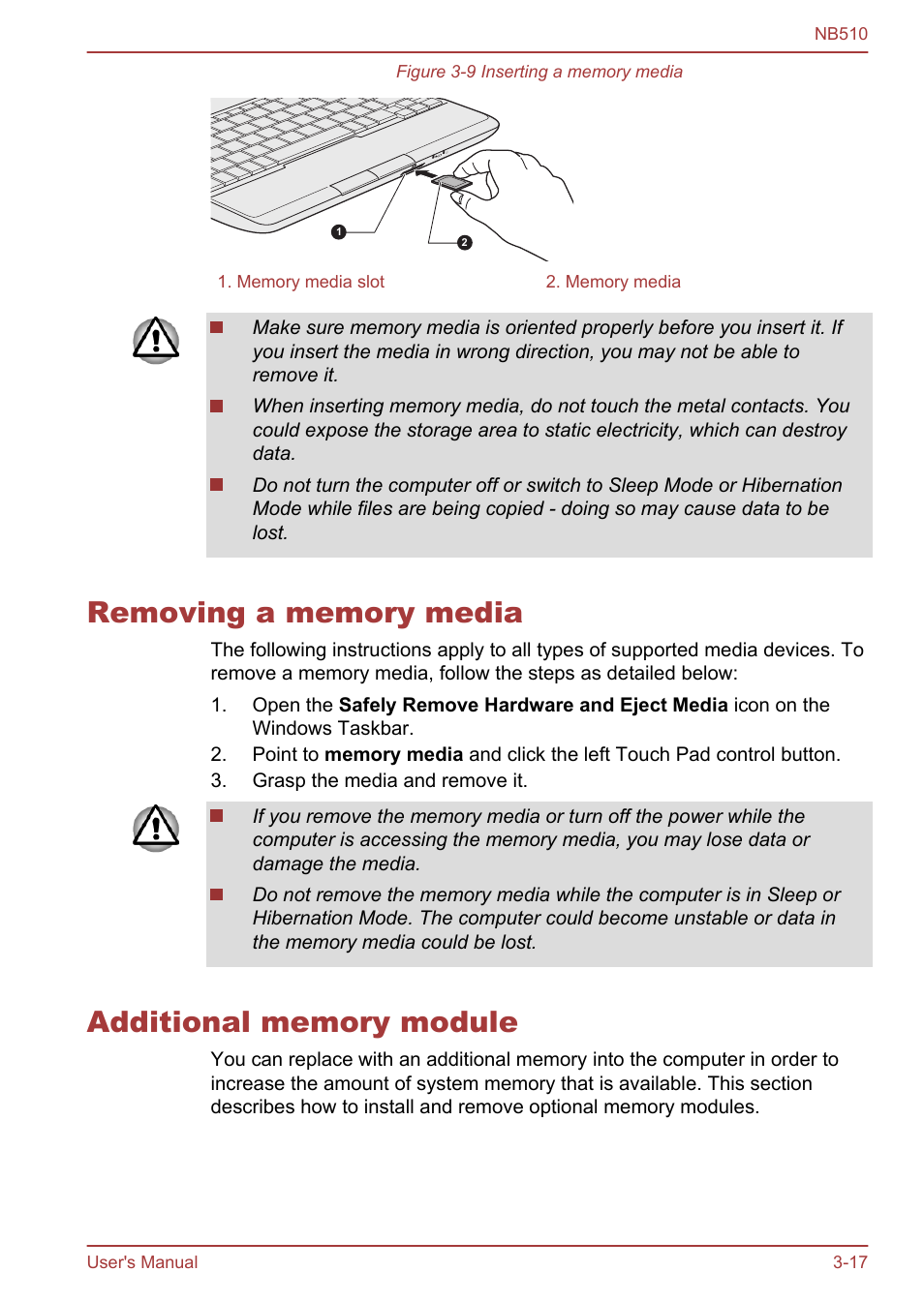 Removing a memory media, Additional memory module, Section in | Toshiba NB510 User Manual | Page 50 / 127