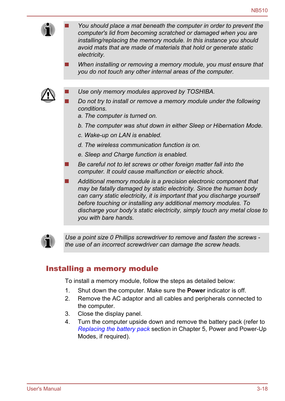 Installing a memory module | Toshiba NB510 User Manual | Page 51 / 127
