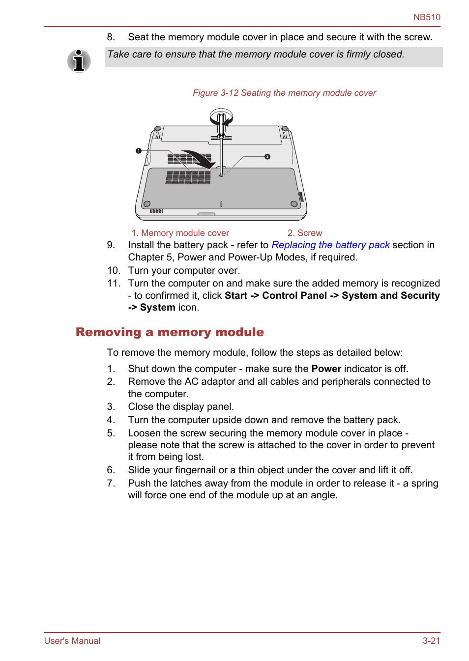 Removing a memory module | Toshiba NB510 User Manual | Page 54 / 127