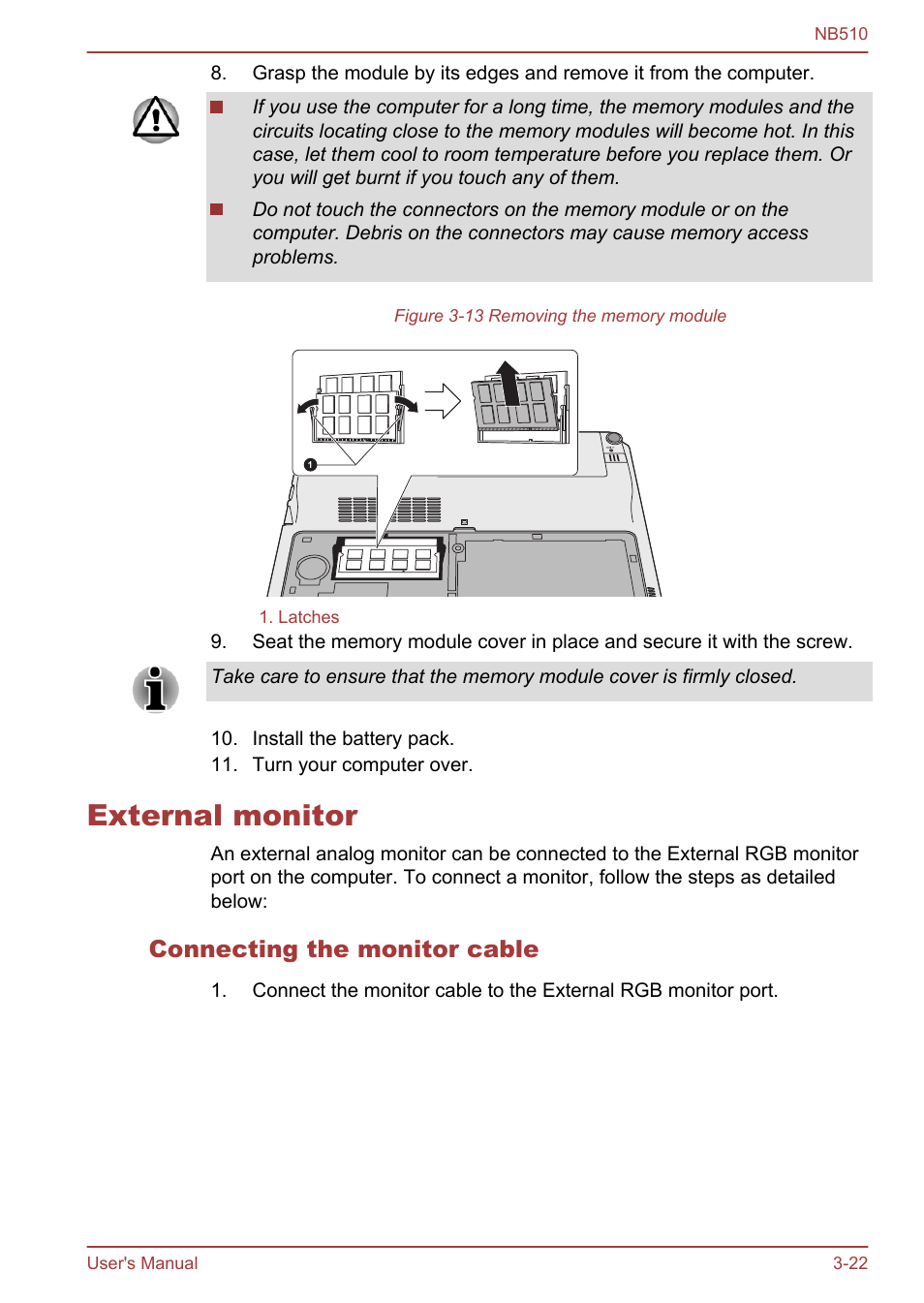 External monitor, Connecting the monitor cable, External monitor -22 | Toshiba NB510 User Manual | Page 55 / 127