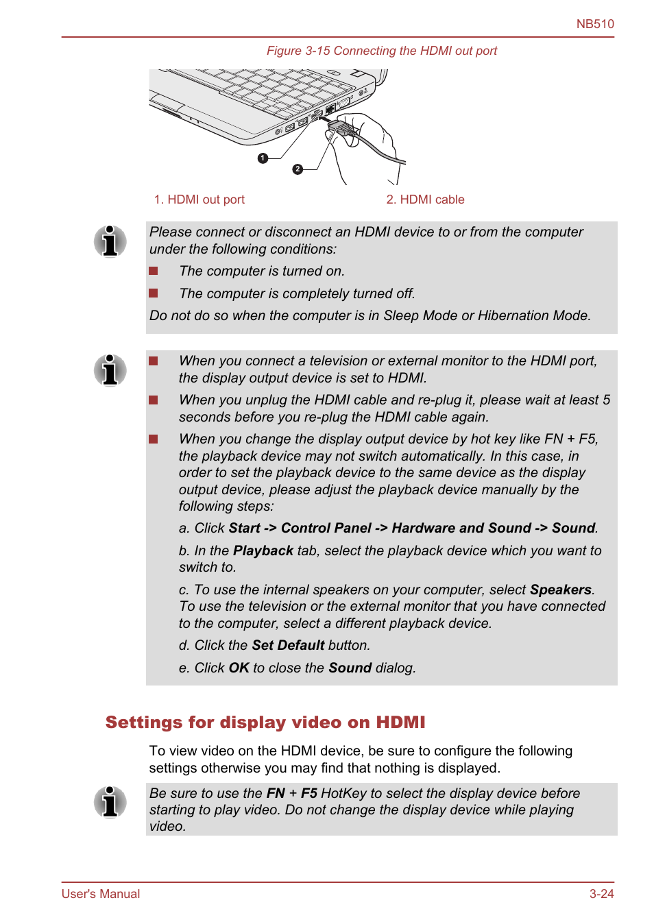 Settings for display video on hdmi | Toshiba NB510 User Manual | Page 57 / 127