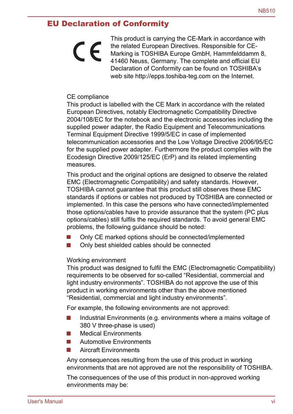 Eu declaration of conformity | Toshiba NB510 User Manual | Page 6 / 127