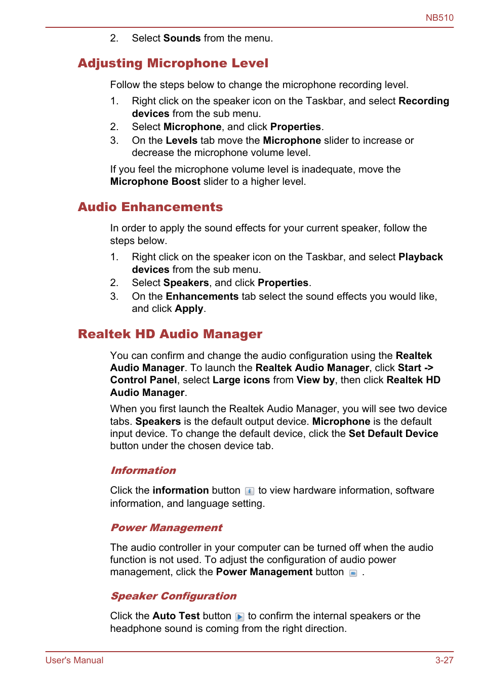 Adjusting microphone level, Audio enhancements, Realtek hd audio manager | Toshiba NB510 User Manual | Page 60 / 127