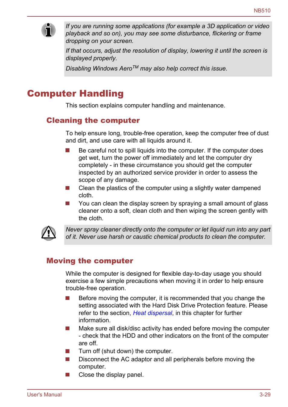 Computer handling, Cleaning the computer, Moving the computer | Computer handling -29 | Toshiba NB510 User Manual | Page 62 / 127