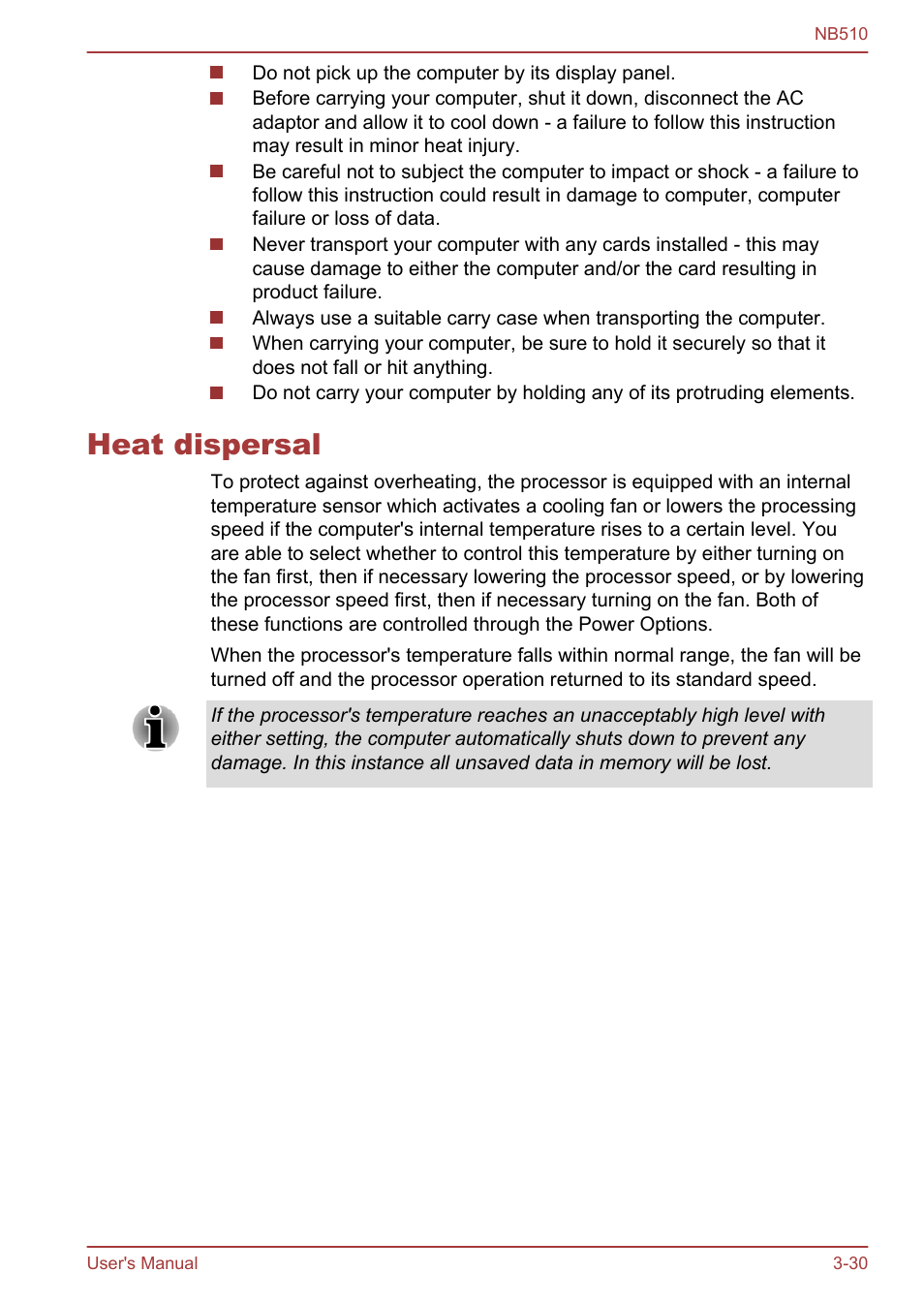 Heat dispersal, Heat dispersal -30 | Toshiba NB510 User Manual | Page 63 / 127