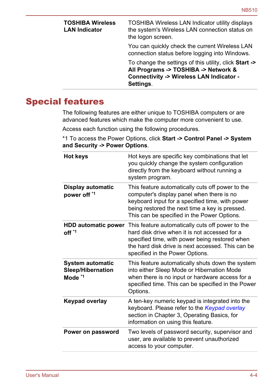 Special features, Special features -4 | Toshiba NB510 User Manual | Page 67 / 127