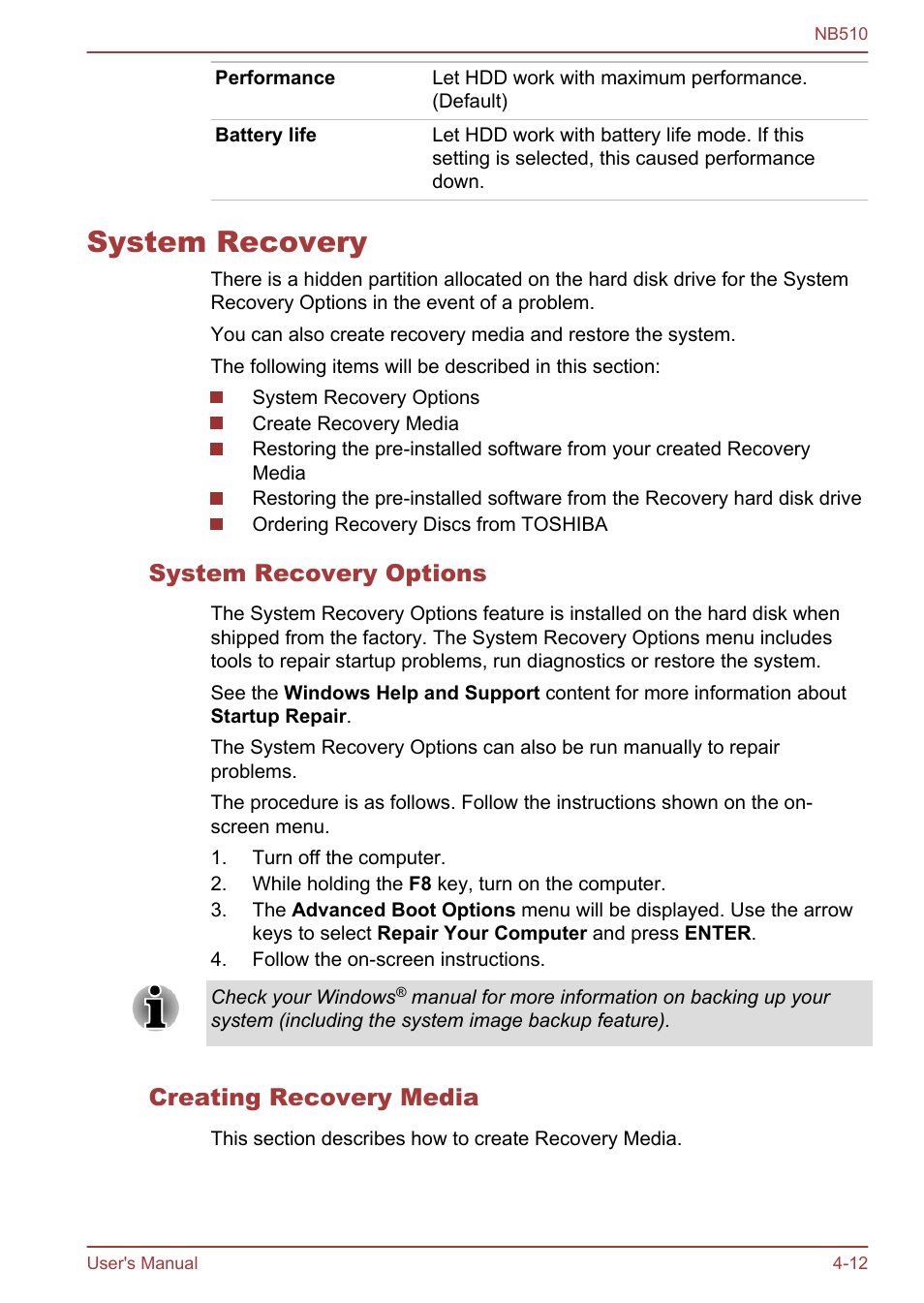 System recovery, System recovery options, Creating recovery media | System recovery -12 | Toshiba NB510 User Manual | Page 75 / 127