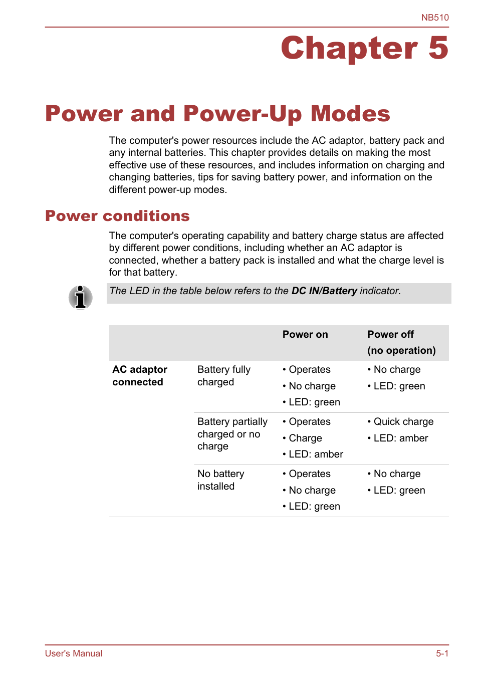 Chapter 5 power and power-up modes, Power conditions, Chapter 5 | Power and power-up modes, Power conditions -1, Power, And power-up modes | Toshiba NB510 User Manual | Page 79 / 127