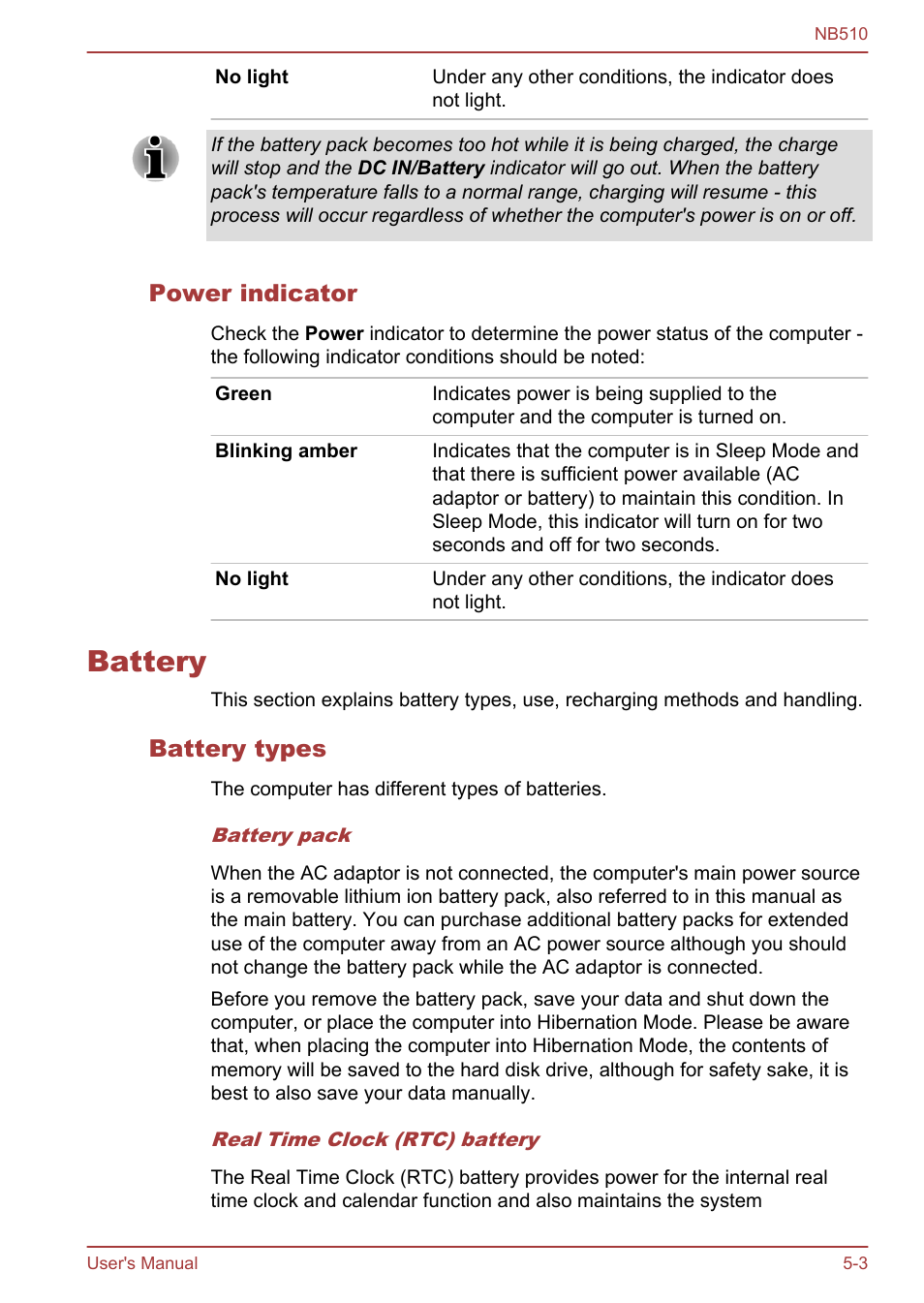 Power indicator, Battery, Battery types | Battery -3 | Toshiba NB510 User Manual | Page 81 / 127