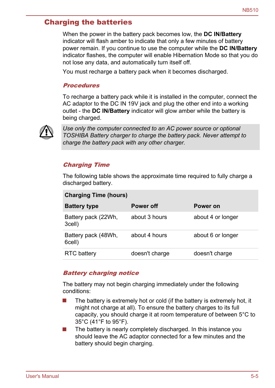 Charging the batteries | Toshiba NB510 User Manual | Page 83 / 127