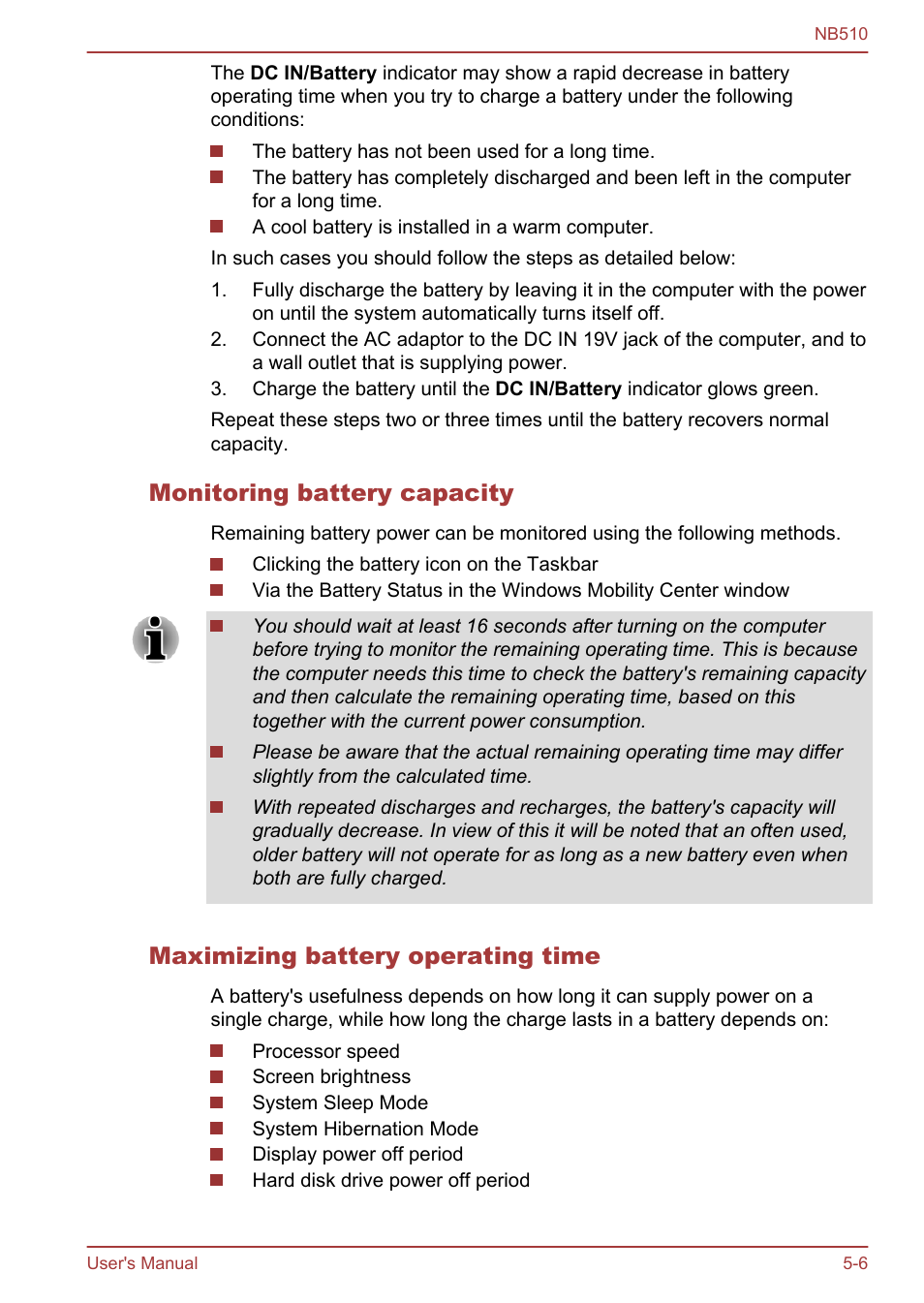 Monitoring battery capacity, Maximizing battery operating time | Toshiba NB510 User Manual | Page 84 / 127