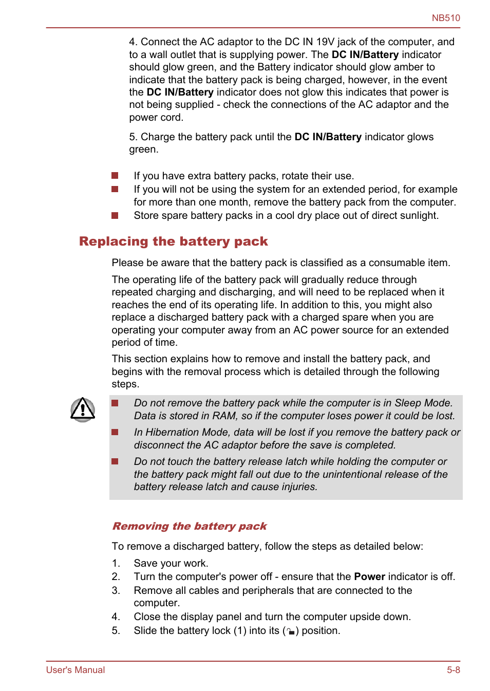 Replacing the battery pack | Toshiba NB510 User Manual | Page 86 / 127