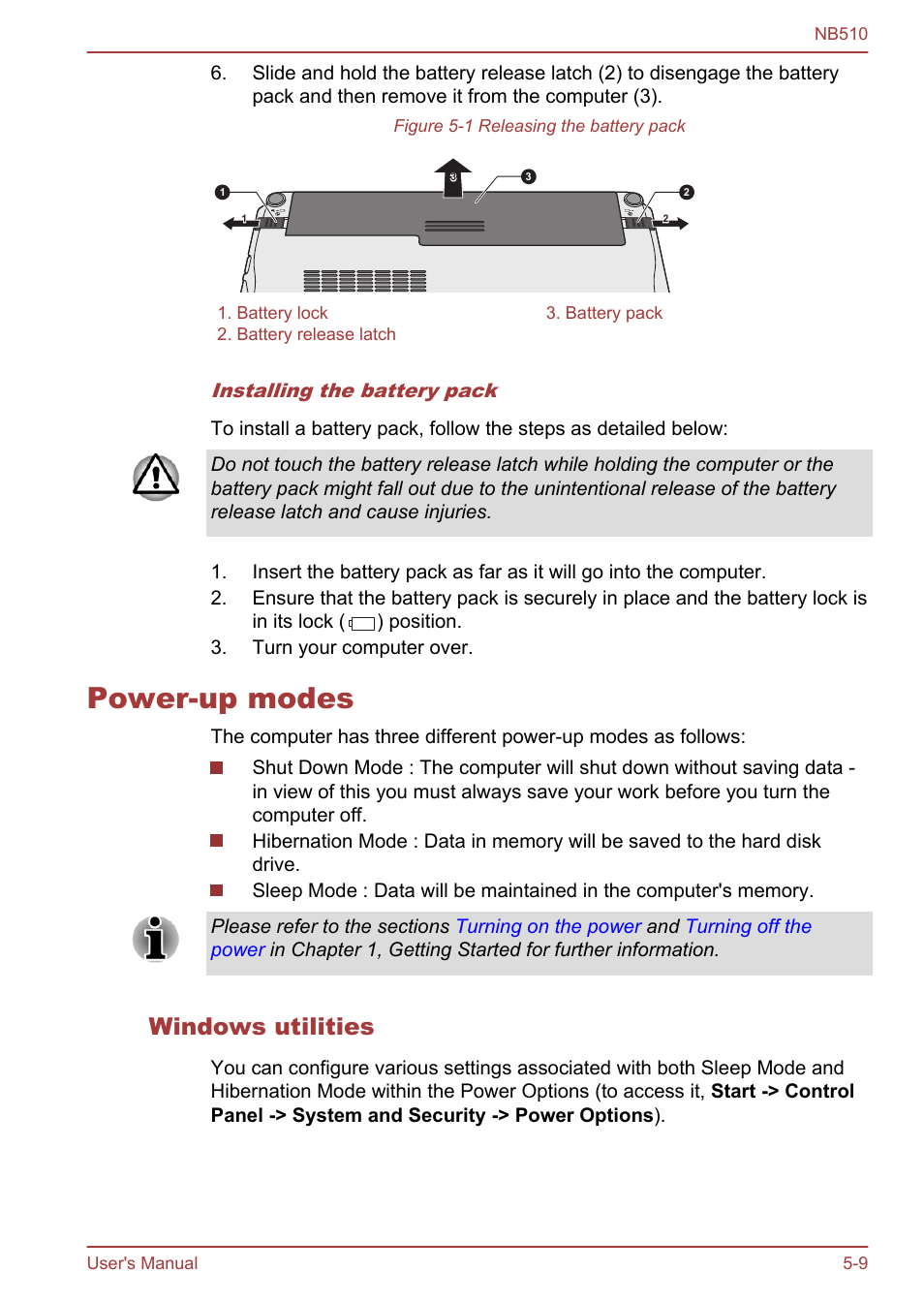 Power-up modes, Windows utilities, Power-up modes -9 | Toshiba NB510 User Manual | Page 87 / 127
