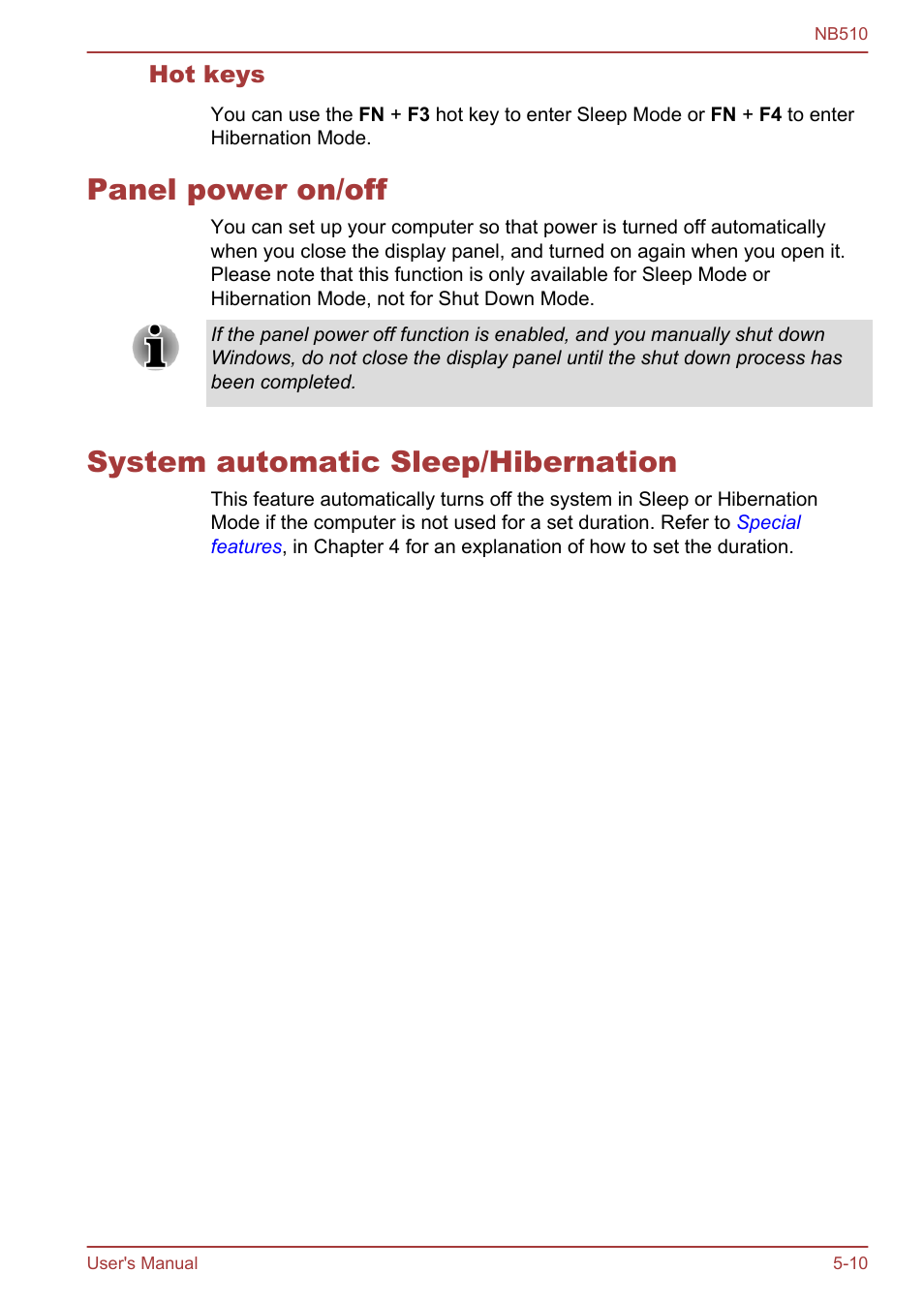 Hot keys, Panel power on/off, System automatic sleep/hibernation | Toshiba NB510 User Manual | Page 88 / 127