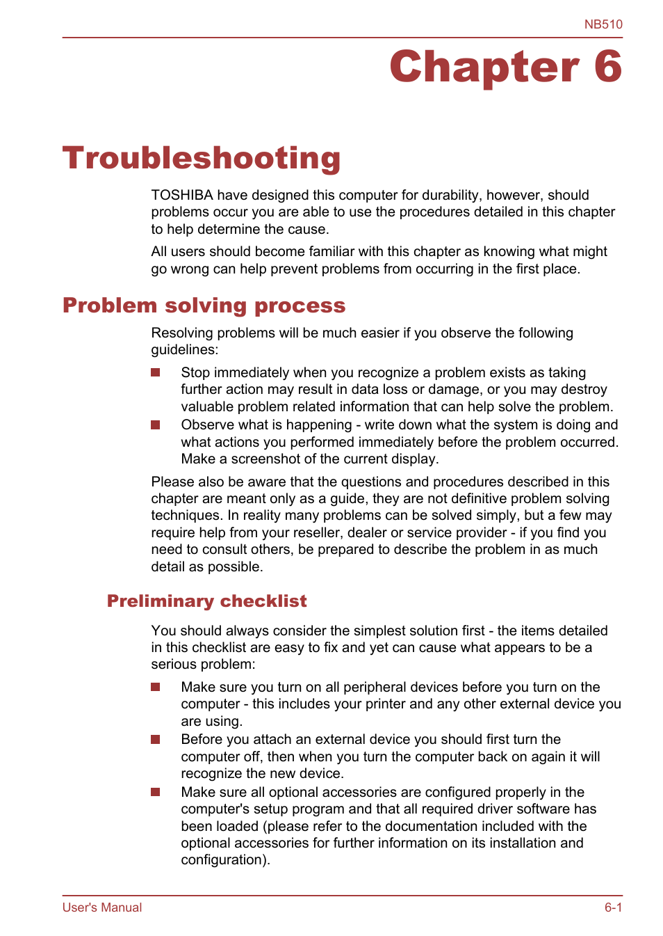 Chapter 6 troubleshooting, Problem solving process, Preliminary checklist | Chapter 6, Troubleshooting, Problem solving process -1 | Toshiba NB510 User Manual | Page 89 / 127