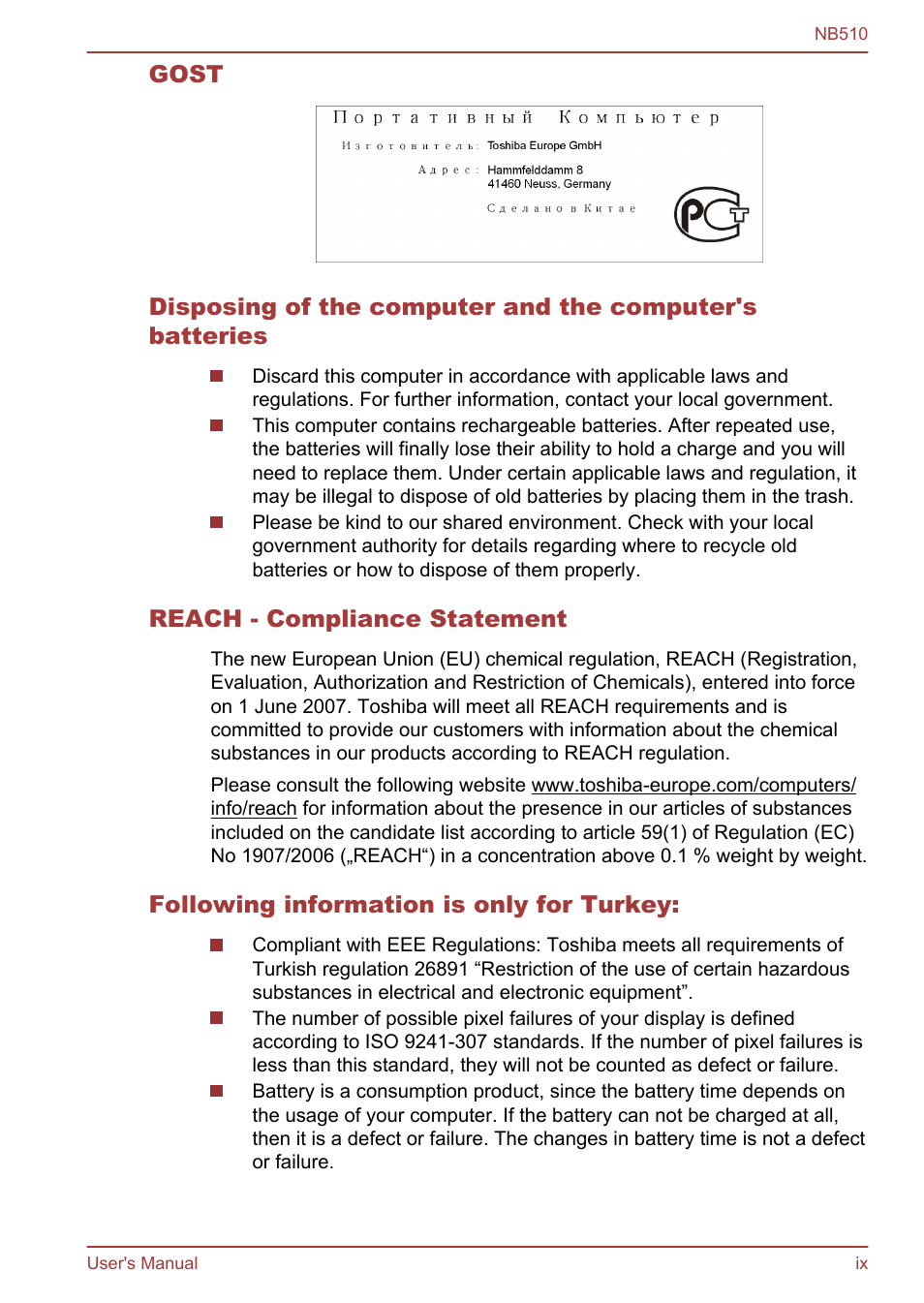 Toshiba NB510 User Manual | Page 9 / 127