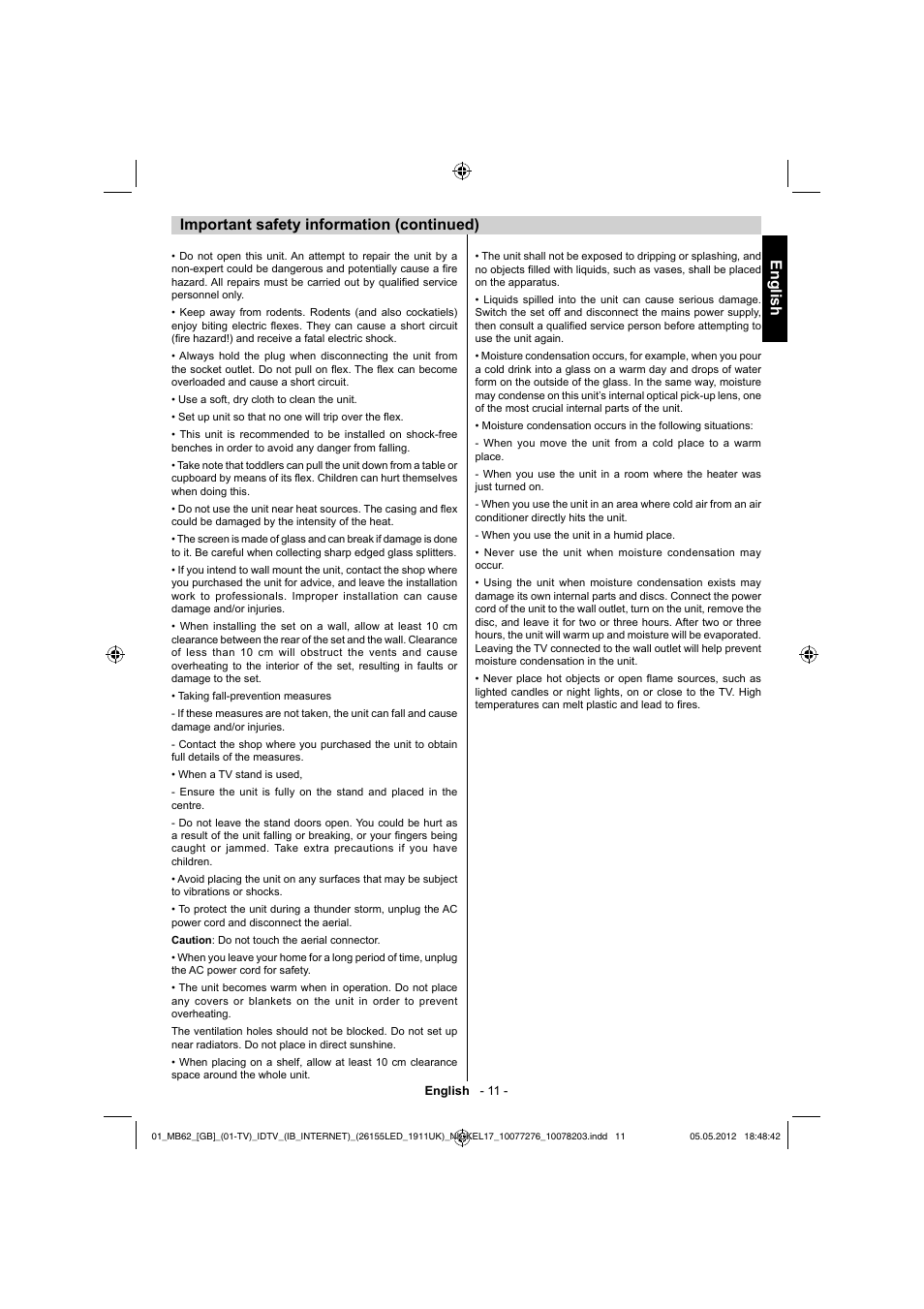 English, Important safety information (continued) | Toshiba DL934 User Manual | Page 12 / 60
