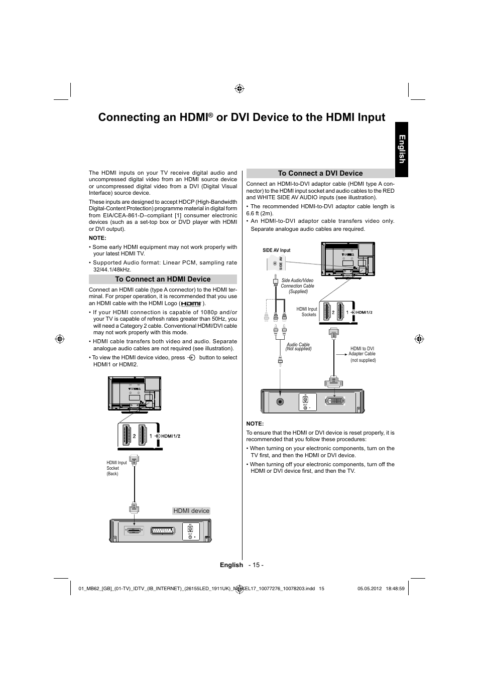 Connecting an hdmi, Or dvi device to the hdmi input, English | Toshiba DL934 User Manual | Page 16 / 60