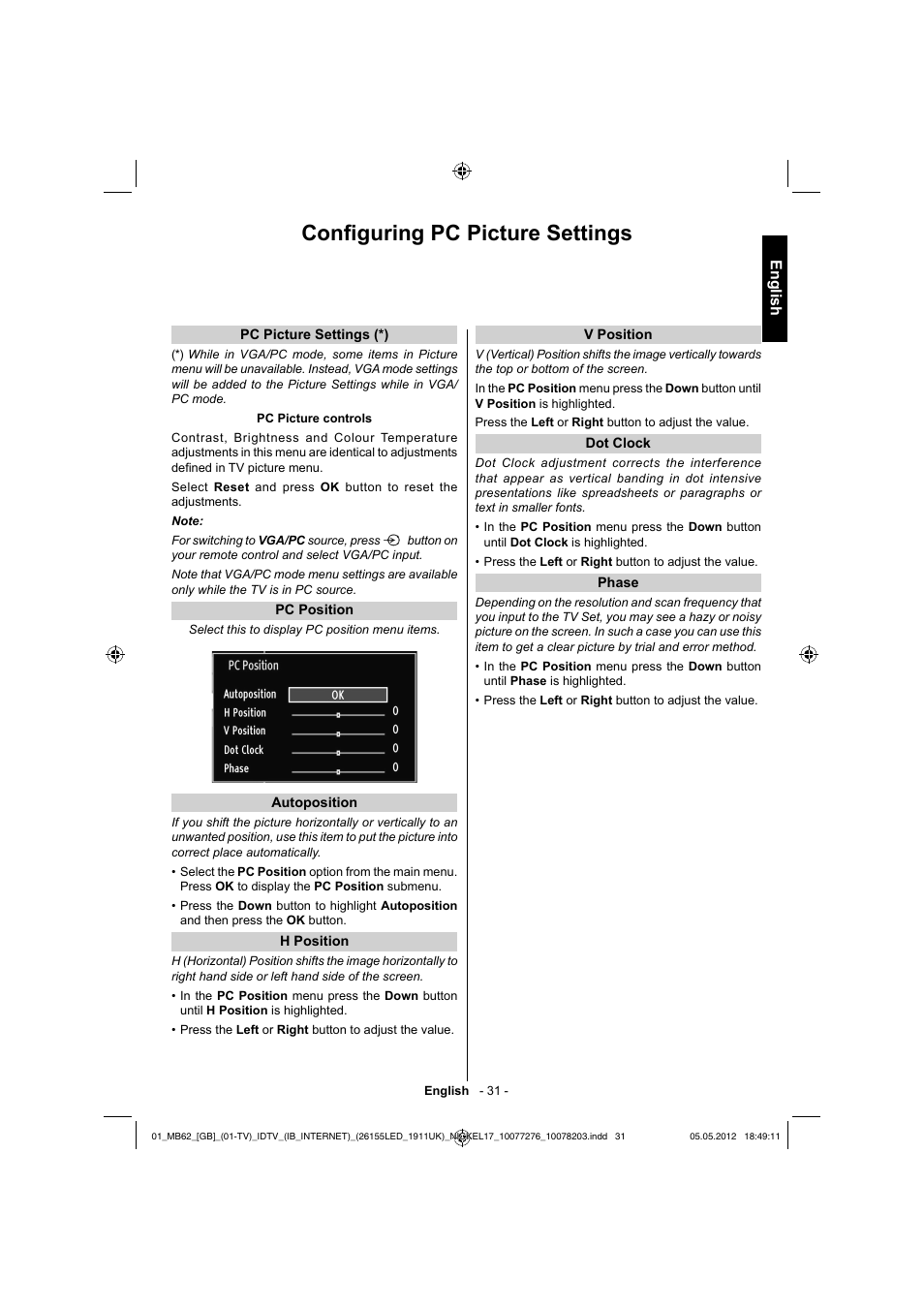 Confi guring pc picture settings, English | Toshiba DL934 User Manual | Page 32 / 60