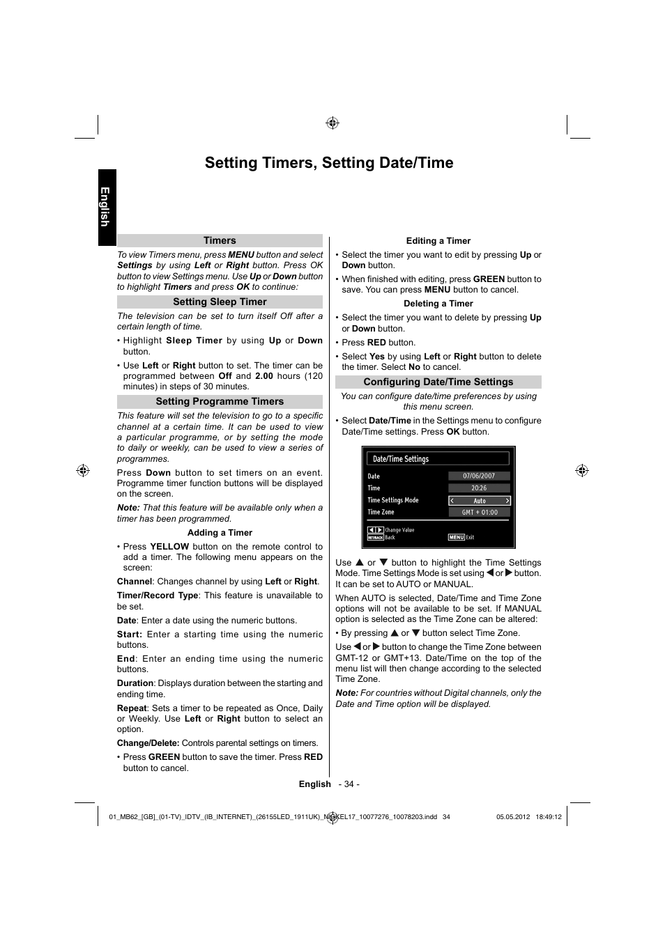 Setting timers, setting date/time, English | Toshiba DL934 User Manual | Page 35 / 60