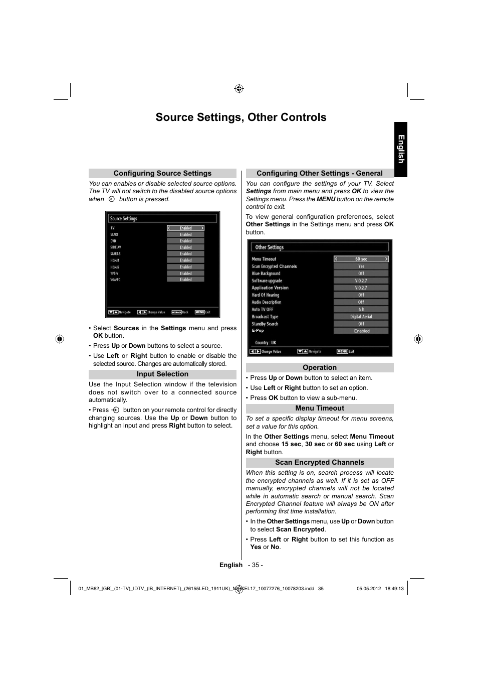 Source settings, other controls, English | Toshiba DL934 User Manual | Page 36 / 60