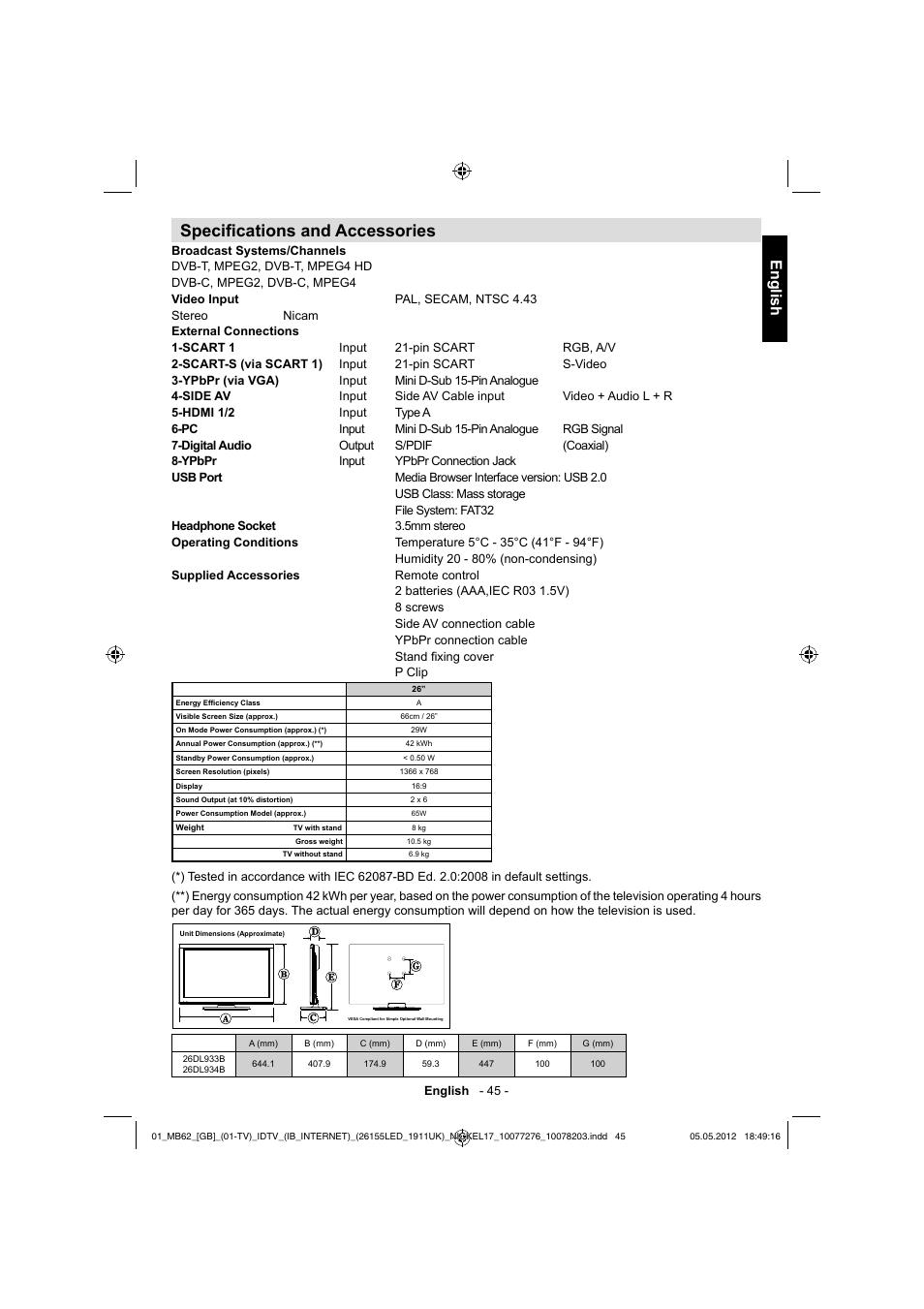Specifi cations and accessories, English | Toshiba DL934 User Manual | Page 46 / 60