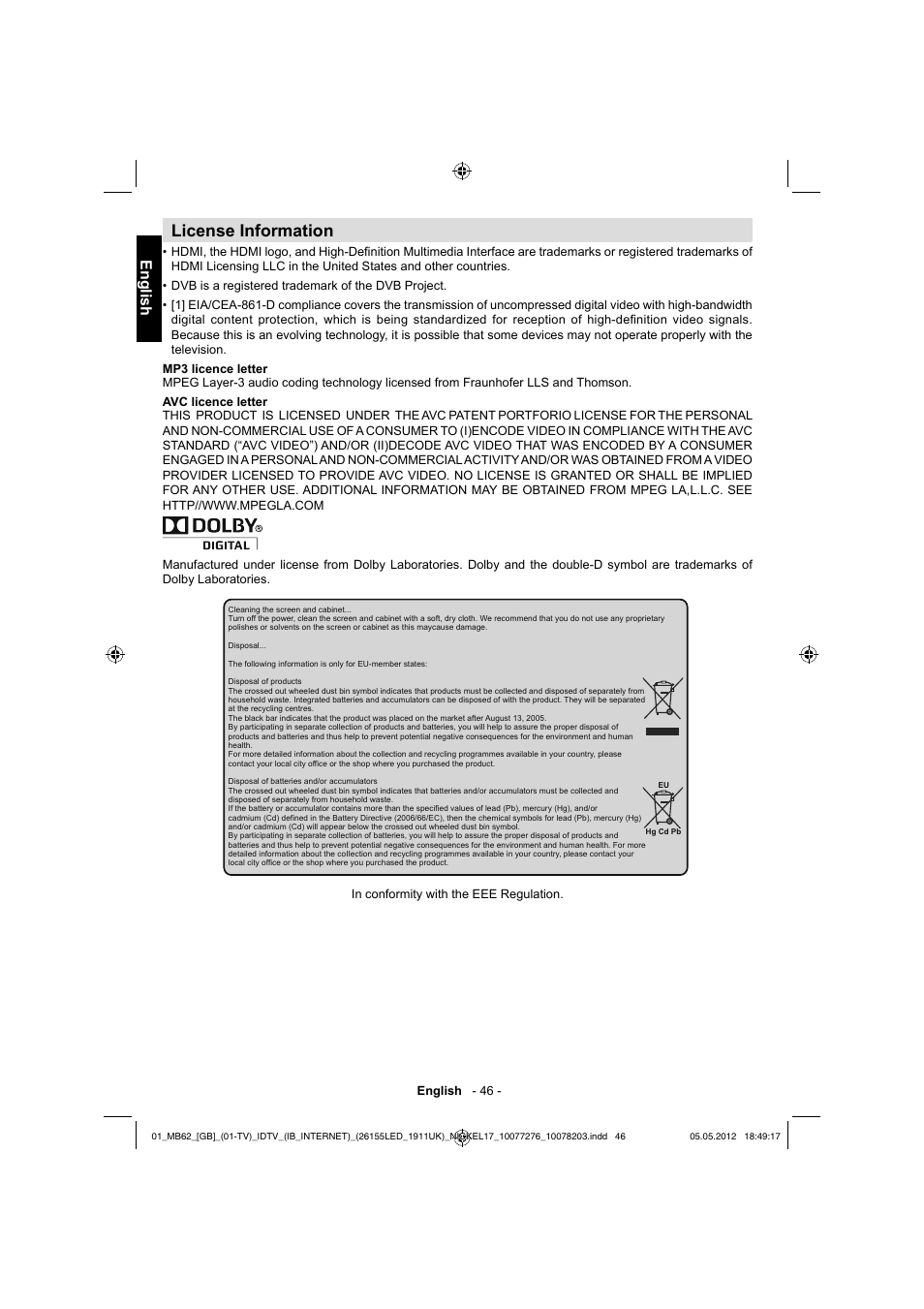 License information, English | Toshiba DL934 User Manual | Page 47 / 60