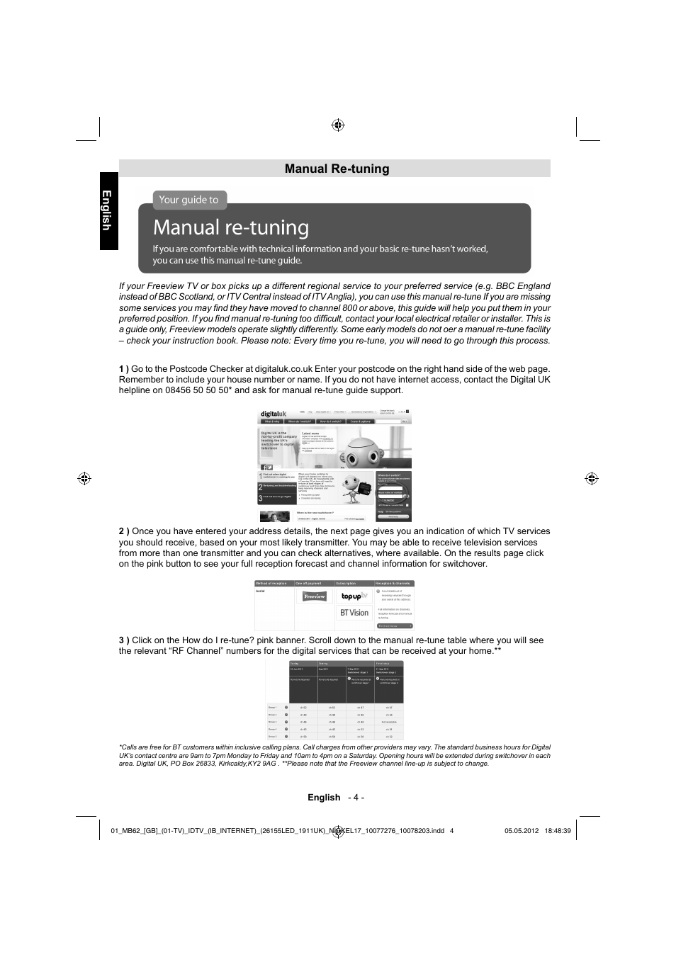 Manual re-tuning, English | Toshiba DL934 User Manual | Page 5 / 60