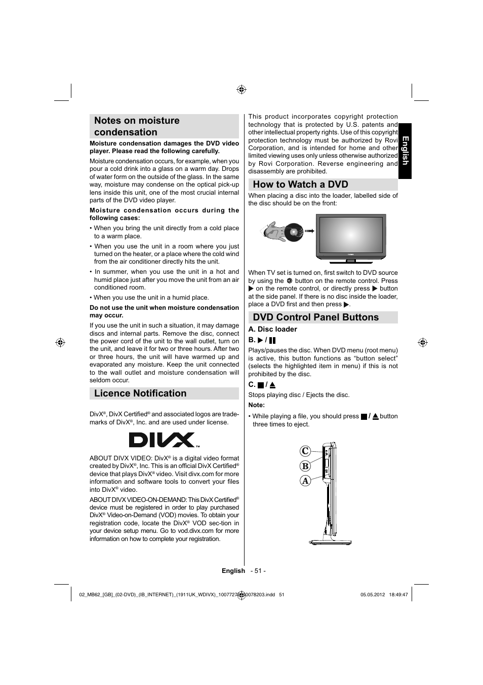 How to watch a dvd, Dvd control panel buttons, Licence notifi cation | English | Toshiba DL934 User Manual | Page 52 / 60