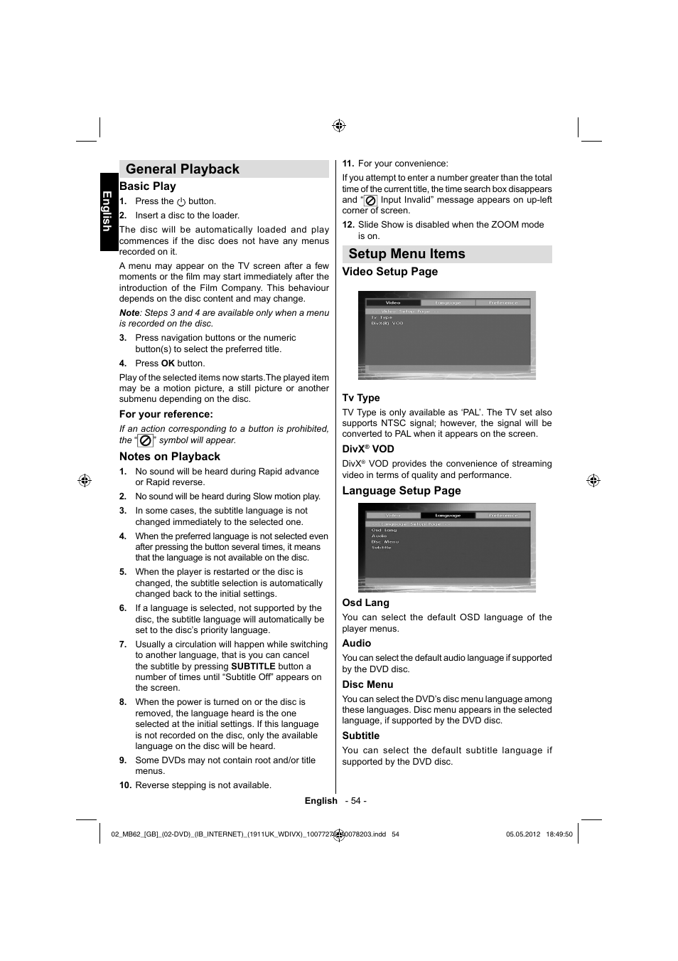 General playback, Setup menu items, English | Basic play, Video setup page, Language setup page | Toshiba DL934 User Manual | Page 55 / 60