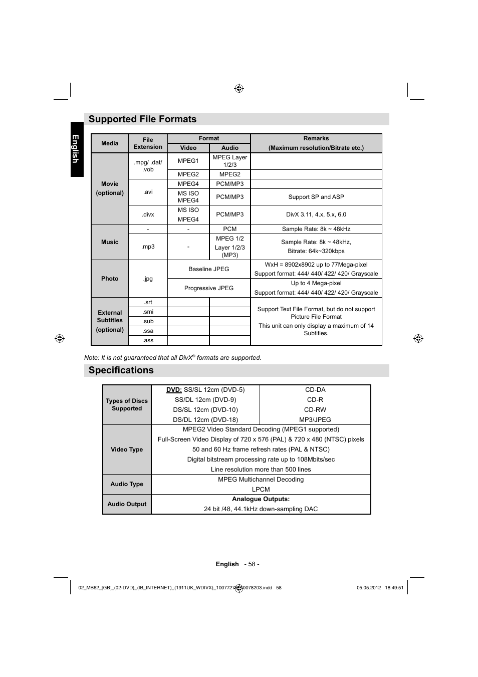 Supported file formats, Specifi cations, English | Toshiba DL934 User Manual | Page 59 / 60